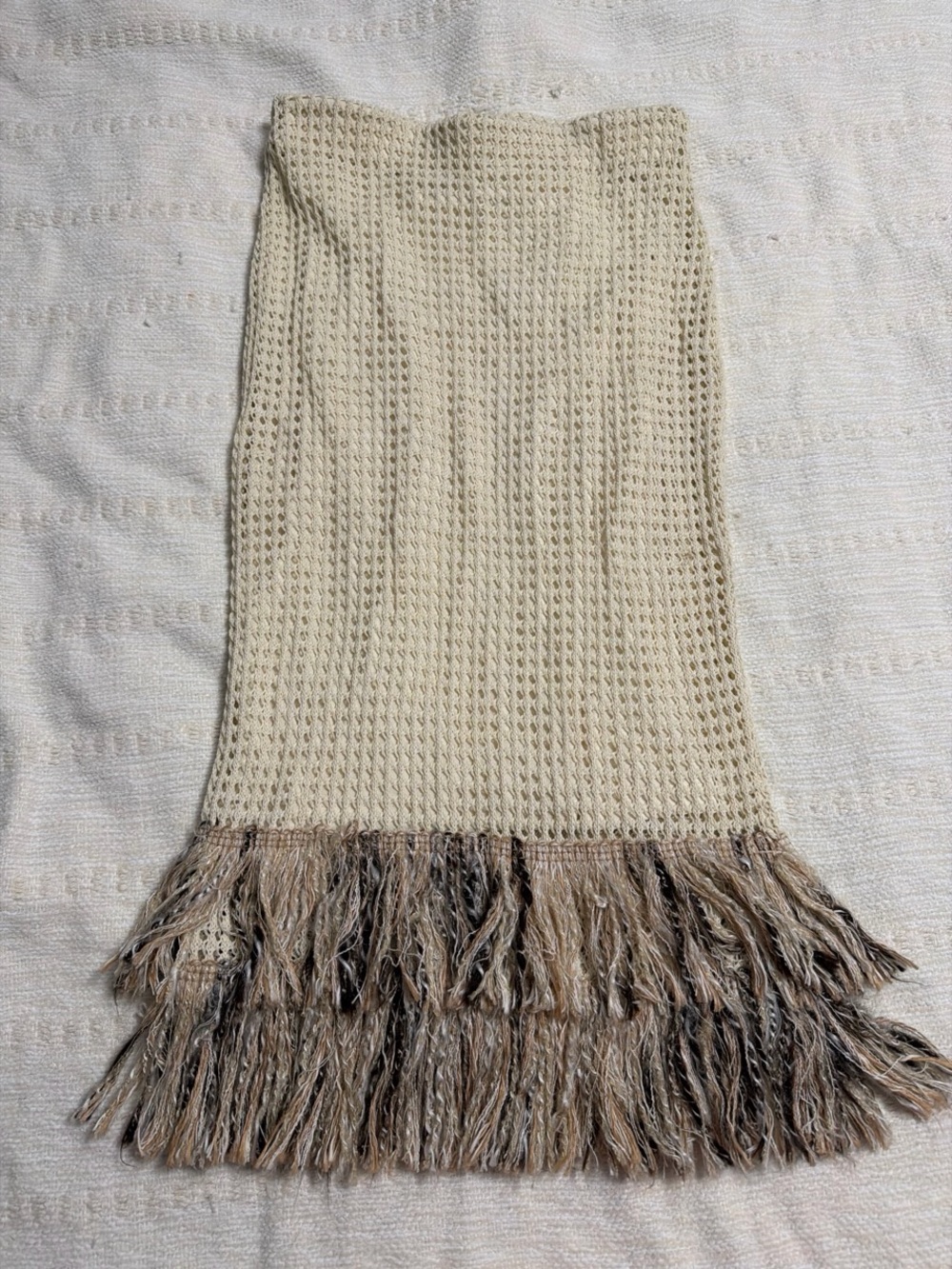 Zara Cream Knit Fringe Scarf with Taupe Accents